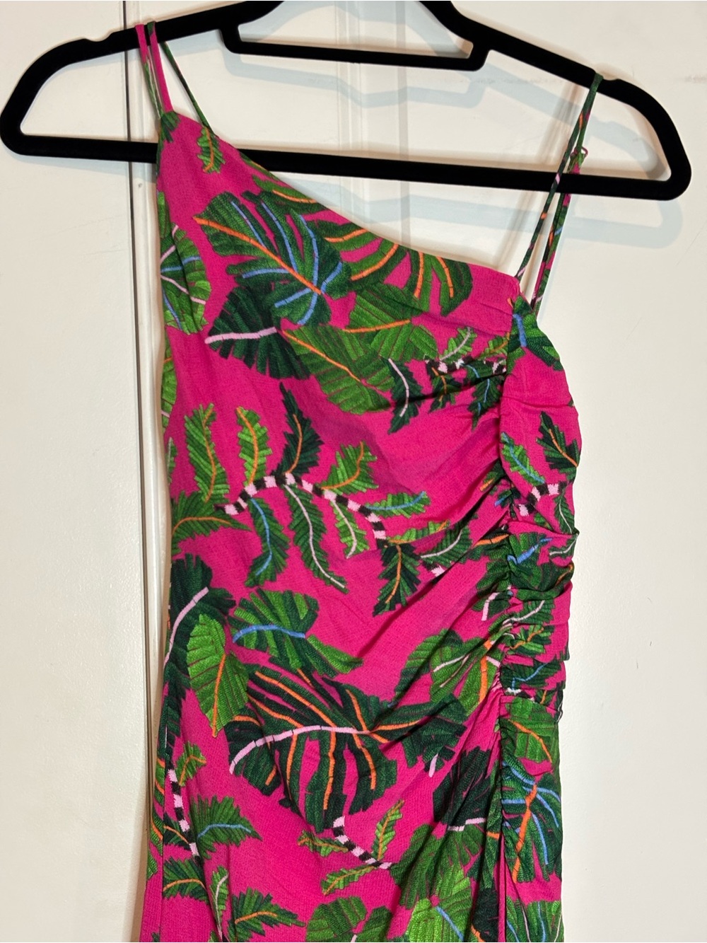Farm Rio Pink Leave Asymmetric One Shoulder Strappy Back Ruched Slit Dress S - Picture 3 of 13